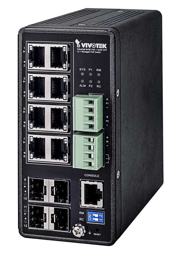 VIVOTEK L2+ Managed POE Industrial Switch; 8x POE+; 4x SFP; 240W; 48VDC PSU required