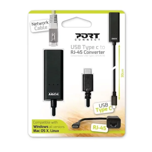 Port Designs PORT ADAPT TYPEC RJ45 30CM BK