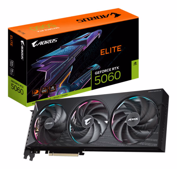 GIGABYTE AORUS GeForce RTX 5060 ELITE 8G Graphics Card - 8GB GDDR7, 128bit, PCI-E 5.0, 2722 MHz Core Clock, 3 x DisplayPort, 1 x