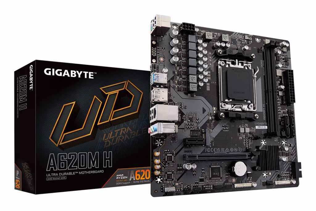 GIGABYTE A620M H Motherboard - Supports AMD Ryzen 8000 CPUs, 5+2+2 Phases Digital VRM, up to 7200MHz DDR5 (OC), 1xPCIe 4.0 M.2,