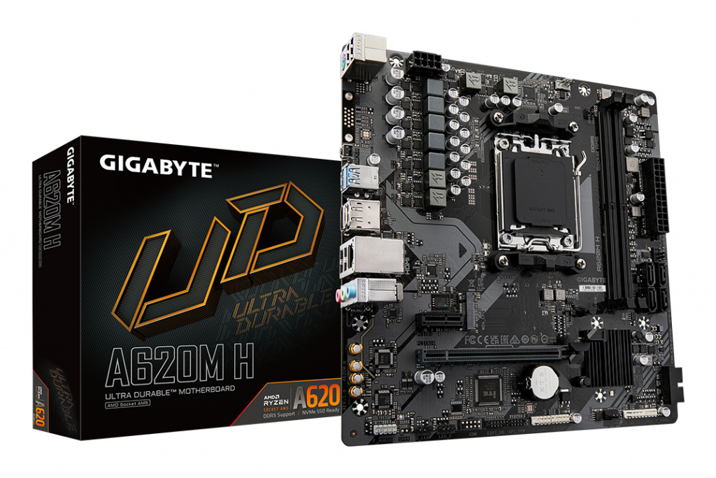 GIGABYTE A620M H Motherboard - Supports AMD Ryzen 8000 CPUs, 5+2+2 Phases Digital VRM, up to 7200MHz DDR5 (OC), 1xPCIe 4.0 M.2,