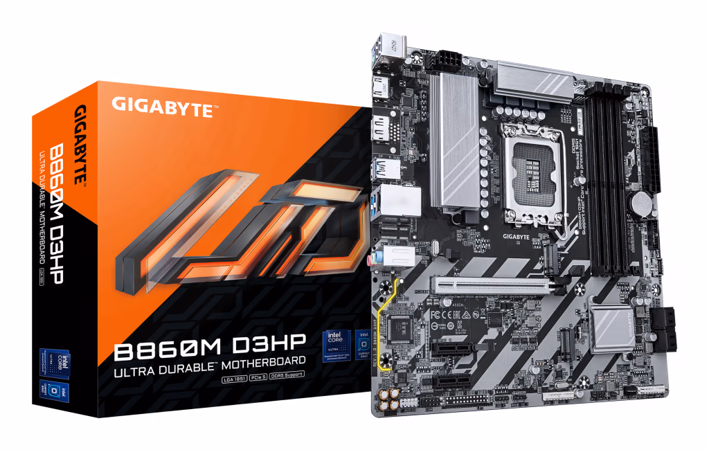 GIGABYTE B860M D3HP Motherboard - Intel Core Ultra Series CPUs, 4+1+2+1 Phases VRM, up to 9066MHz DDR5, 2xPCIe 4.0 M.2, GbE LAN,