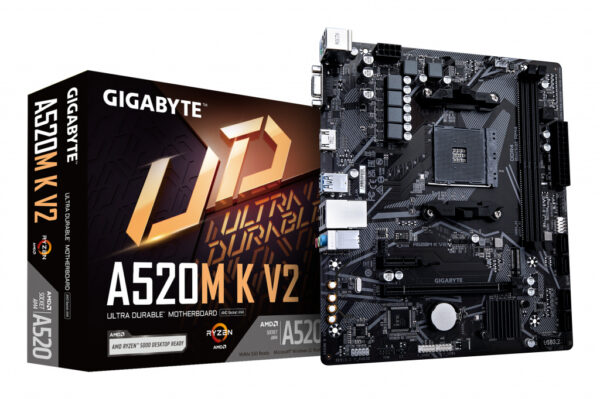GIGABYTE A520M K V2 Motherboard - Supports AMD Ryzen 5000 Series AM4 CPUs, up to 5100MHz DDR4 (OC), PCIe Gen3 x4 M.2, GbE LAN, U