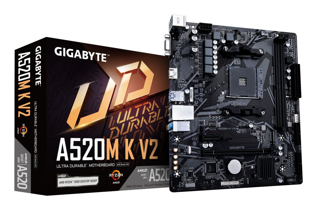 GIGABYTE A520M K V2 Motherboard - Supports AMD Ryzen 5000 Series AM4 CPUs, up to 5100MHz DDR4 (OC), PCIe Gen3 x4 M.2, GbE LAN,