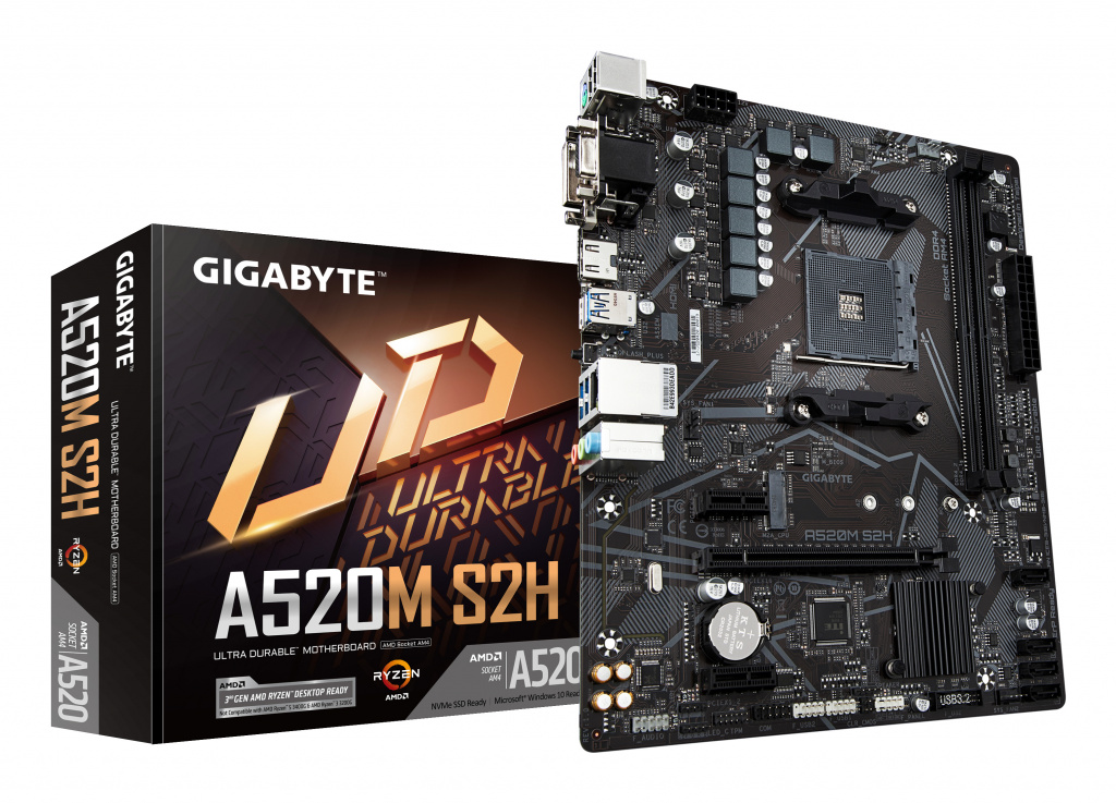 GIGABYTE A520M S2H Motherboard - Supports AMD Ryzen 5000 Series AM4 CPUs, 4+3 Phases Pure Digital VRM, up to 5100MHz DDR4 (OC),