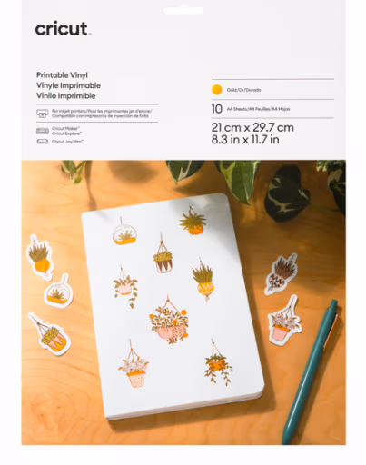 Cricut 2010364 - Cricut Printable Vinyl Gold; 10 sheets 8.3 in x 11.7 in (21 cm x 29.7 cm); Requires inkjet printer; Compatible
