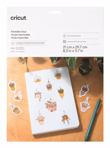 Cricut 2010365 - Cricut Printable Vinyl Silver; 10 sheets 8.3 in x 11.7 in (21 cm x 29.7 cm); Requires inkjet printer; Compatibl