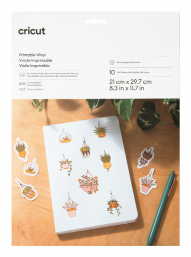 Cricut 2010365 - Cricut Printable Vinyl Silver; 10 sheets 8.3 in x 11.7 in (21 cm x 29.7 cm); Requires inkjet printer; Compatibl