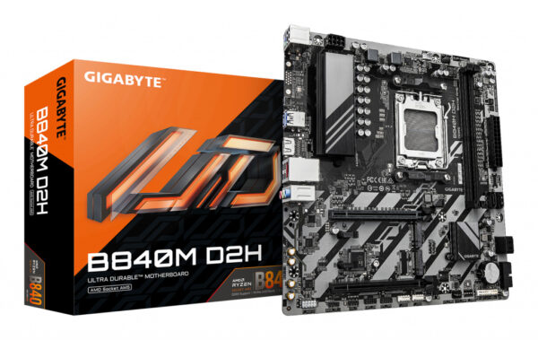 GIGABYTE B840M D2H Motherboard - AMD Ryzen 9000 CPUs, 5+2+2 Phases VRM, up to 7600MHz DDR5, 1xPCIe 4.0 + 1xPCIe 3.0 M.2, 2.5GbE