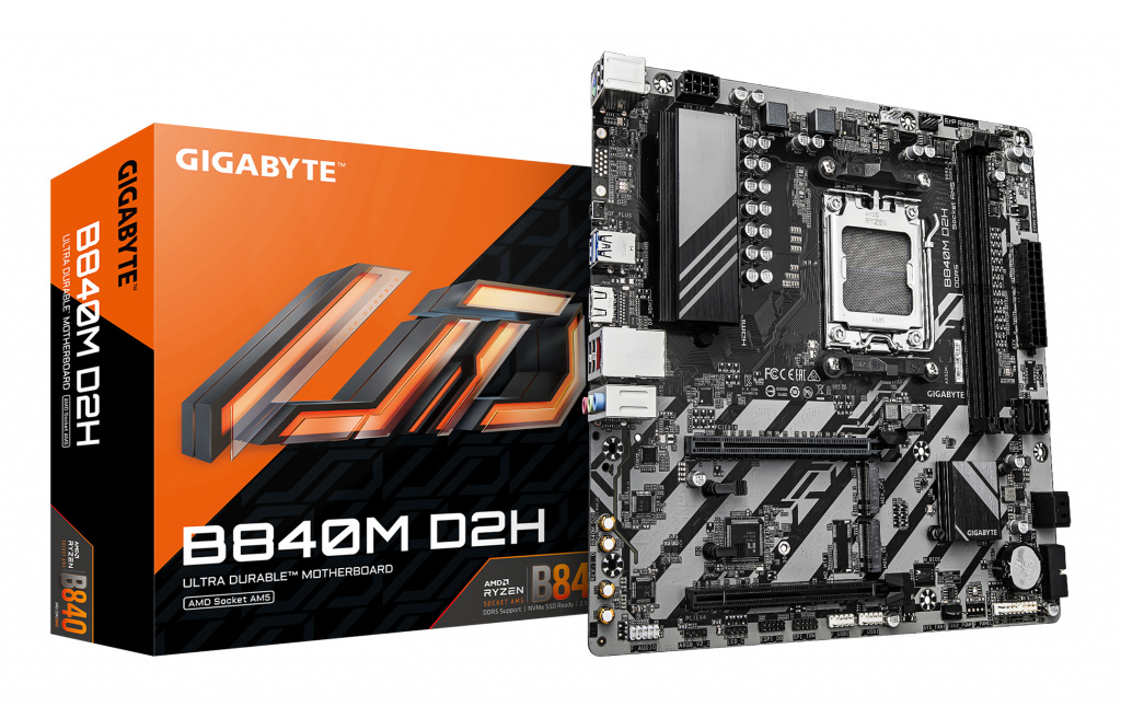 GIGABYTE B840M D2H Motherboard - AMD Ryzen 9000 CPUs, 5+2+2 Phases VRM, up to 7600MHz DDR5, 1xPCIe 4.0 + 1xPCIe 3.0 M.2, 2.5GbE