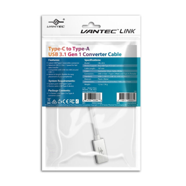 Vantec CBL-4CA USB cable USB 3.2 Gen 1 (3.1 Gen 1) 0.147 m USB C USB A Silver, White